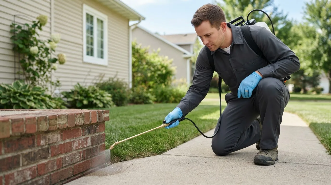 Pest control technician treating a home near Elmwood, IL