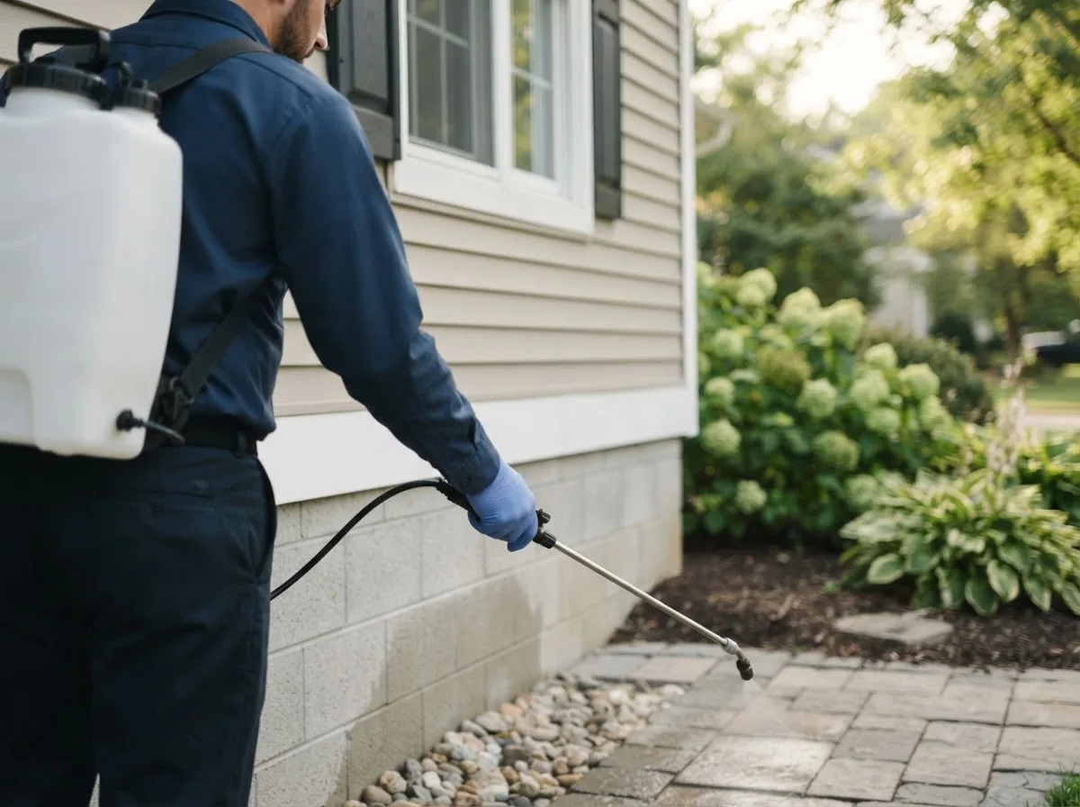 Pest control technician inspecting a home in Elmwood, IL